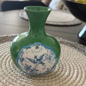 Green Ceramic Accent Vase with Blue Floral Bird Medallion